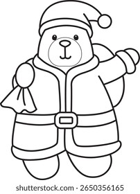 Coloring pages of Funny bear in daily activities elements. outline of Santa bear bring a buck of gift