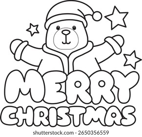 Coloring pages of Funny bear in daily activities elements. outline of Santa bear with Merry Christmas text 