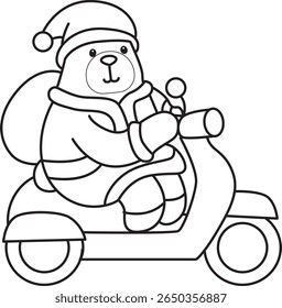 Coloring pages of Funny bear in daily activities elements. outline of Santa bear riding a scooter