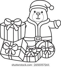 Coloring pages of Funny bear in daily activities elements. outline of Santa bear with a lot of gift box