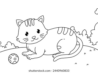 coloring pages of funny kitten playing with a ball. Printable Coloring Pages Outline black and white.
