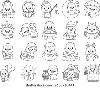 Coloring pages of Funny penguin in cold weather elements. outline of baby penguin in the variation of activities