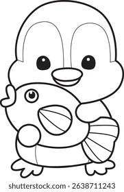 Coloring pages of Funny penguin in cold weather elements.
outline of baby penguin bring a gold fish
