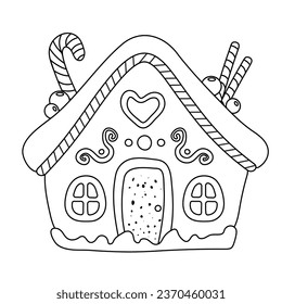 Coloring pages of gingerbread houses. Outline vector illustration for children activity. Christmas black and white images, ready for print.