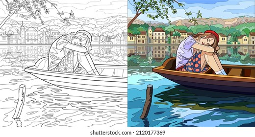 Coloring pages. Girl in a boat on the background of a river landscape. Colorless and colored sample. Coloring design in realistic style. Vector illustration.