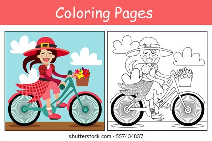 Coloring Pages: Girl in pink dress on bike