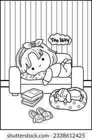 a coloring pages of a girl relaxing in the sofa
