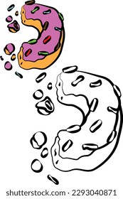páginas coloreadas, medio donut mordidas con crema rosa e ilustración colorida en la parte superior