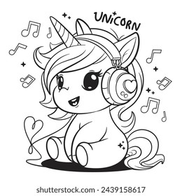 Dibujos para colorear, dibujos animados de unicornio lindo feliz que lleva auriculares y escucha el vector de música.