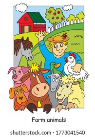 Coloring pages with happy farmer and his farm animals. Cartoon vector illustration. Stock illustration for design, preschool education, print and game. 