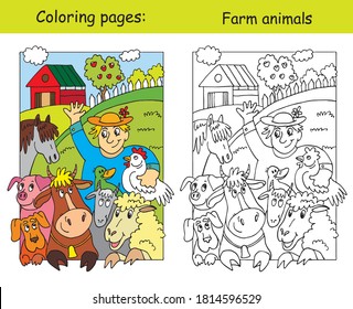 Coloring Pages With Happy Farmer And His Farm Animals. Cartoon Vector Illustration. Сoloring And Colored Image Of Farm Animals. Stock Illustration For Design, Preschool Education, Print And Game. 