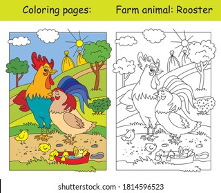 Coloring Pages With Happy Rooster, Hen And Chickens On The Farm Meadow. Cartoon Vector Illustration. Coloring And Colored Image Of Rooster. Illustration For Design,preschool Education,print And Game. 