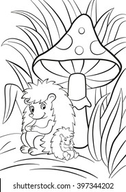 Coloring pages. The hedgehog and the little cute baby seat near the big toadstool. Baby sleeps. They are smiling. There are grass around.