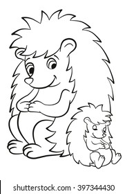 Coloring pages. The hedgehog and the little cute baby seat. Baby sleeps. They are smiling. 