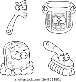Coloring pages of Home cleaning cute doodle vector images with eyes and mouth.
Lineart of Simple cleaning materlials element. Outline of brushes and trash icon.
