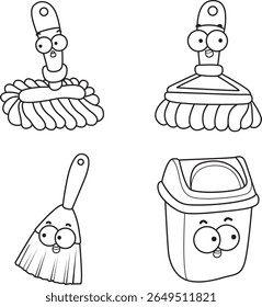 Coloring pages of Home cleaning cute doodle vector images with eyes and mouth.
Lineart of Simple cleaning materlials element.
Outline  of mop and broom icon. 