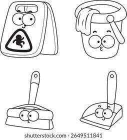 Coloring pages of Home cleaning cute doodle vector images with eyes and mouth.
Lineart of Simple cleaning materlials element.
Outline of bucket and duster icon. 
