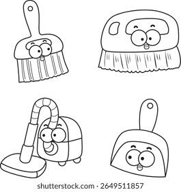 Coloring pages of Home cleaning cute doodle vector images with eyes and mouth.
Lineart of Simple cleaning materlials element.
Outline of brush and vacuum cleaner icon. 