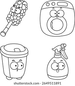 Coloring pages of Home cleaning cute doodle vector images with eyes and mouth.
Lineart of Simple cleaning materlials element.
Outline of feather duster and washing machine icon. 