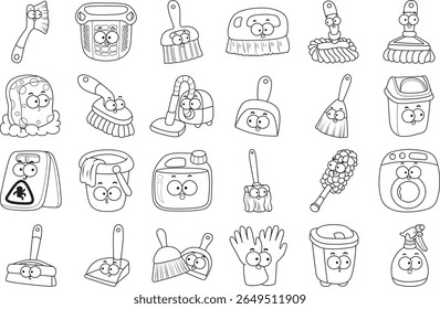 Coloring pages of Home cleaning cute doodle vector images with eyes and mouth.
Lineart of Simple cleaning materlials element.
Outline of glove, rboom, duster, and trash icon. 