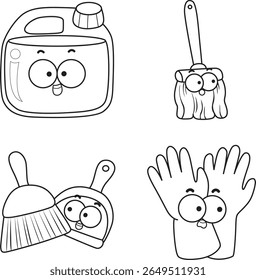 Coloring pages of Home cleaning cute doodle vector images with eyes and mouth.
Lineart of Simple cleaning materlials element.
Outline of cleaning service and glove icon. 