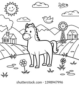 Coloring Pages. Horse Drawing. Farm Background