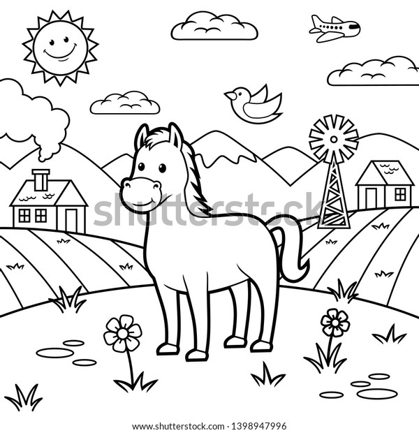 coloring pages horse drawing farm background stock vector