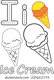 Coloring pages of ice cream and the letter I. Suitable for use in children's coloring books