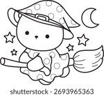 Coloring pages of Illustration of cute bear winter icon with halloween theme. Outline of bear winter like a witch flying with broom stick