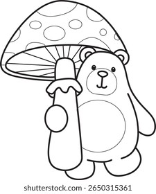 Colorir páginas de ilustração de ícone de urso bonito.
Lineart de urso engraçado. contorno de urso trazer um cogumelo