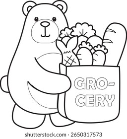 Colorir páginas de ilustração de ícone de urso bonito.
Lineart of Funny bear. contorno de urso trazer um saco de supermercado
