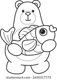 Colorir páginas de ilustração de ícone de urso bonito.
Lineart of Funny bear. contorno de urso trazer um peixe de ouro