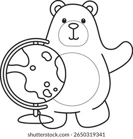Colorir páginas de ilustração de ícone de urso bonito.
Lineart of Funny bear. contorno de urso trazer um globo