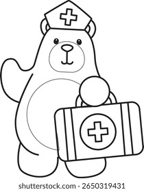 Colorir páginas de ilustração de ícone de urso bonito.
Lineart of Funny bear. esboço de urso trazer um kit de primeiros socorros