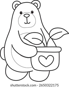 Colorir páginas de ilustração de ícone de urso bonito.
Lineart de urso engraçado. contorno de urso trazer uma folhas no pote