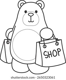 Colorir páginas de ilustração de ícone de urso bonito.
Lineart de urso engraçado. contorno de urso trazer um saco de compras