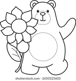 Colorir páginas de ilustração de ícone de urso bonito.
Lineart de urso engraçado. contorno de urso trazer um sol flor 