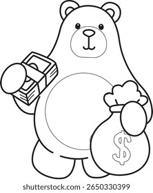 Colorir páginas de ilustração de ícone de urso bonito.
Lineart of Funny bear. esboço de urso trazer muito dinheiro