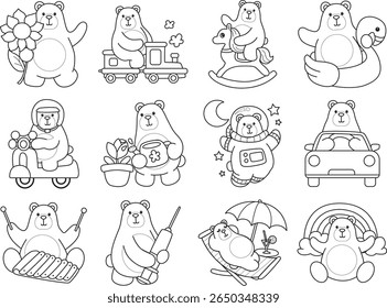 Coloring pages of Illustration of cute bear icon.
Lineart of Funny bear. outline of bear in the variation of transportation 