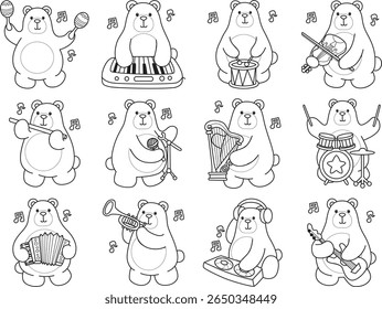Coloring pages of Illustration of cute bear icon.
Lineart of Funny bear. outline of bear in the variation of music and instrument 