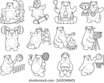 Coloring pages of Illustration of cute bear icon.
Lineart of Funny bear. outline of bear in the variation of sport and workout