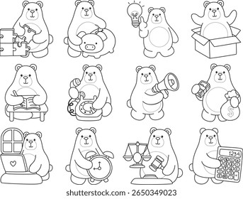 Coloring pages of Illustration of cute bear icon.
Lineart of Funny bear. outline of bear in the variation of money and finance