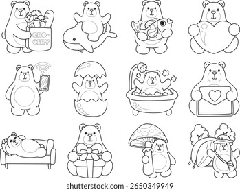 Coloring pages of Illustration of cute bear icon.
Lineart of Funny bear. outline of bear in the variation of activity