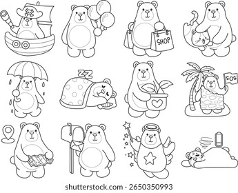 Coloring pages of Illustration of cute bear icon.
Lineart of Funny bear. outline of bear in the variation of daily life
