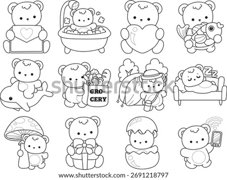 Coloring pages of Illustration of cute bear winter icon. Outline of bear winter in the variation of daily life
