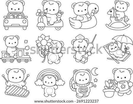Coloring pages of Illustration of cute bear winter icon. Outline of bear winter in the variation of transportation