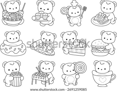Coloring pages of Illustration of cute bear winter icon. Outline of bear winter with variation of fast food and dessert