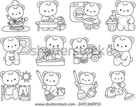 Coloring pages of Illustration of cute bear winter icon. Outline of bear winter in the variation of chores and laundry