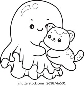 Coloring pages of Illustration of cute white ghost icon.
outline of ghost hugging a kitty
