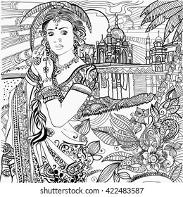 
Coloring pages . India. Indian woman. Vector de stock